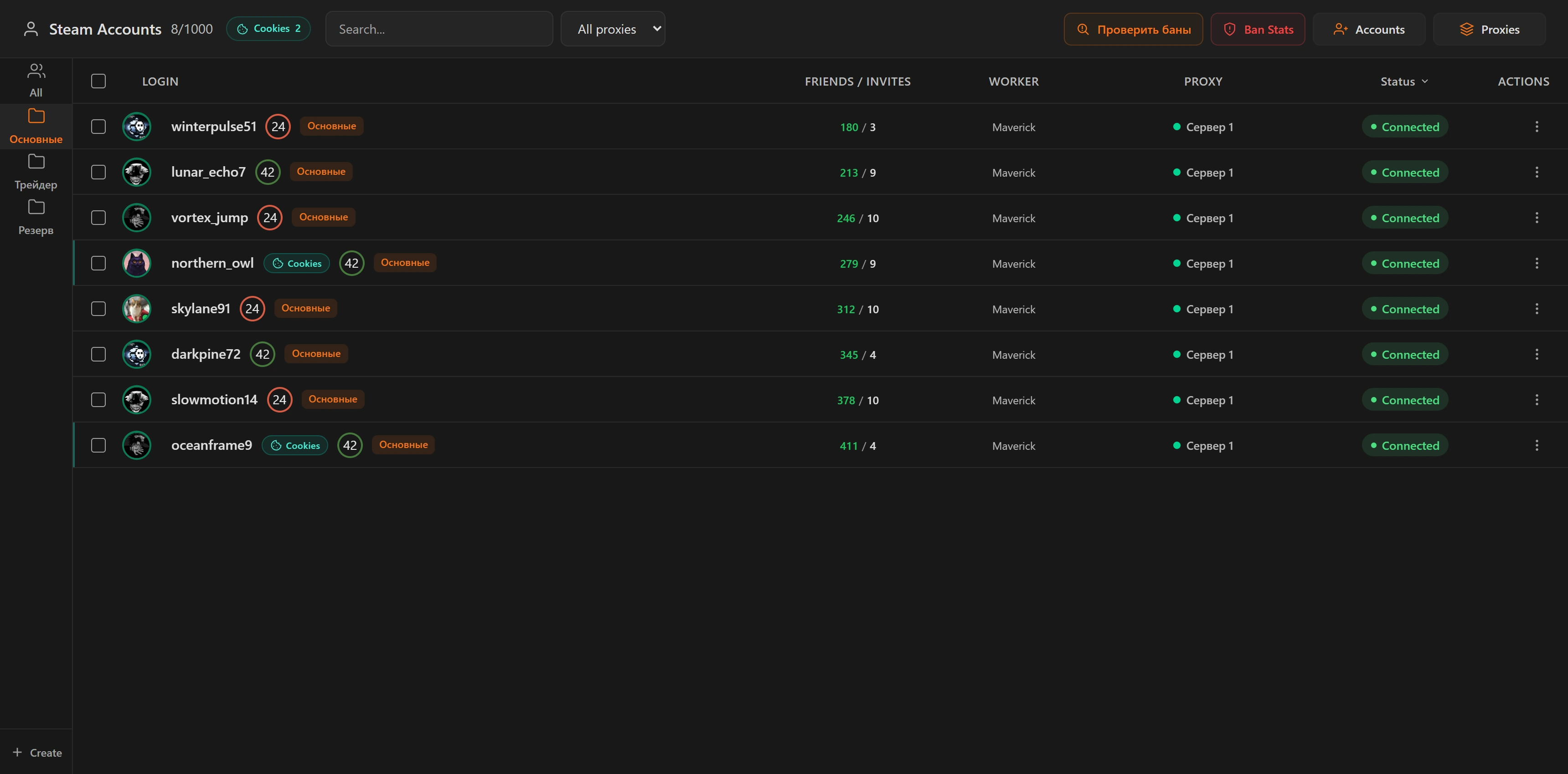 Main folder: accounts, Steam levels and assigned servers
