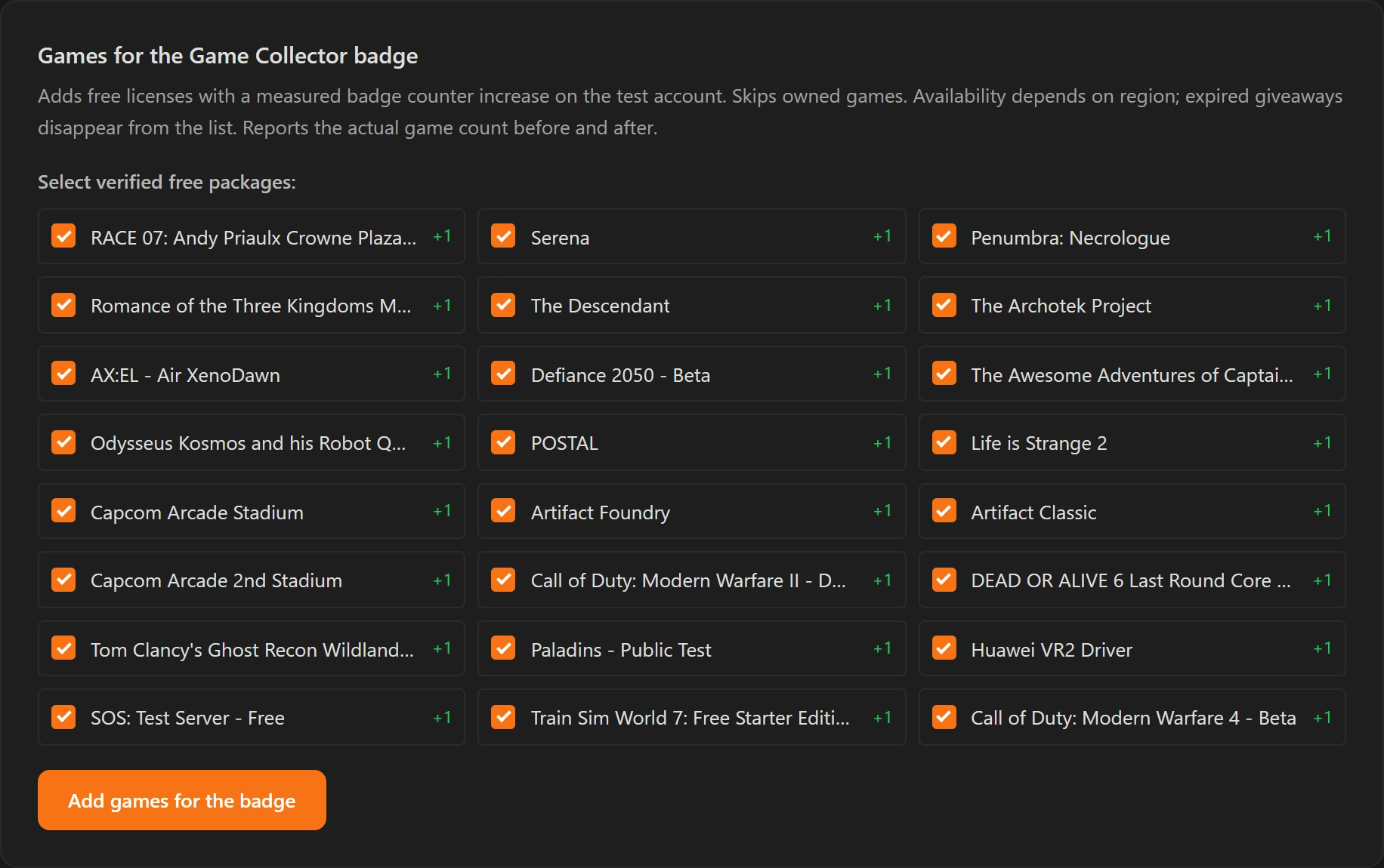 Selecting free packages for the game counter