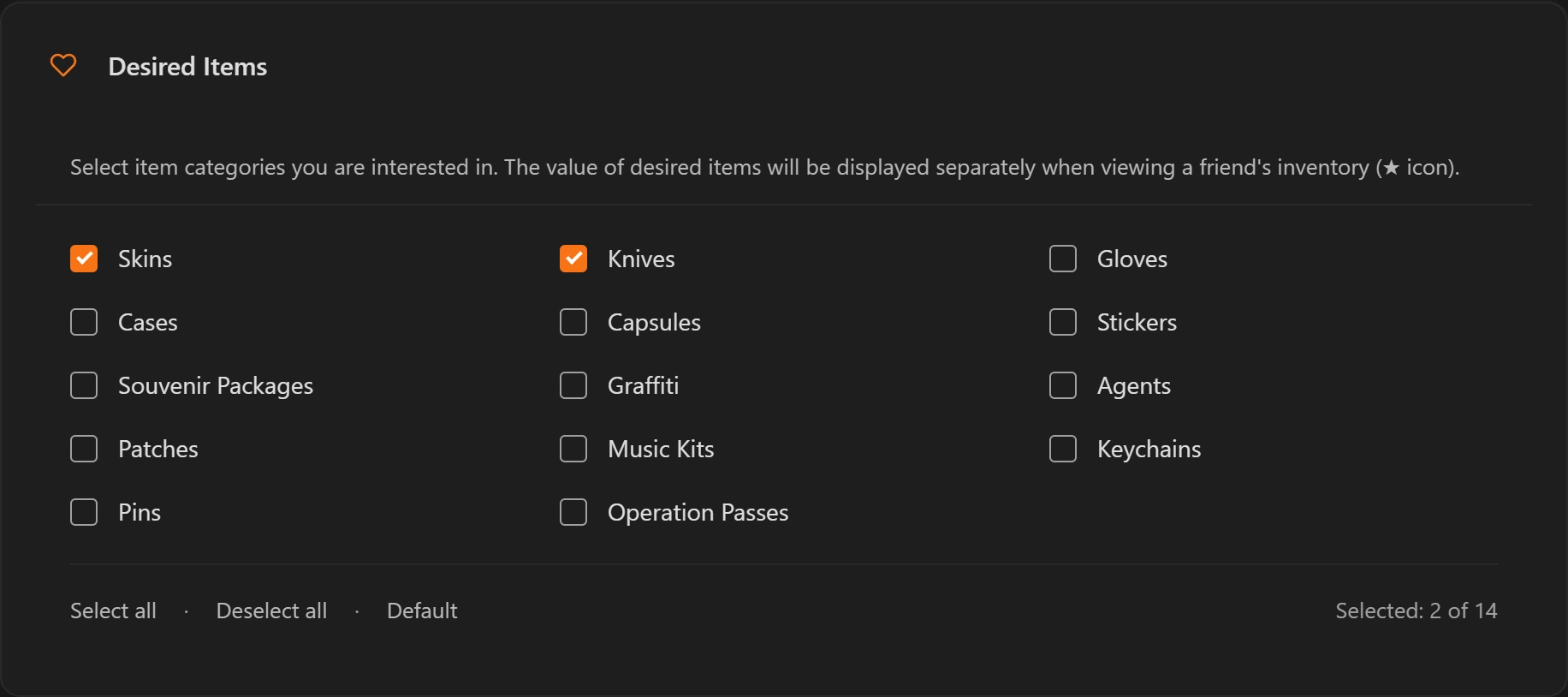 Desired item categories with skins and knives selected
