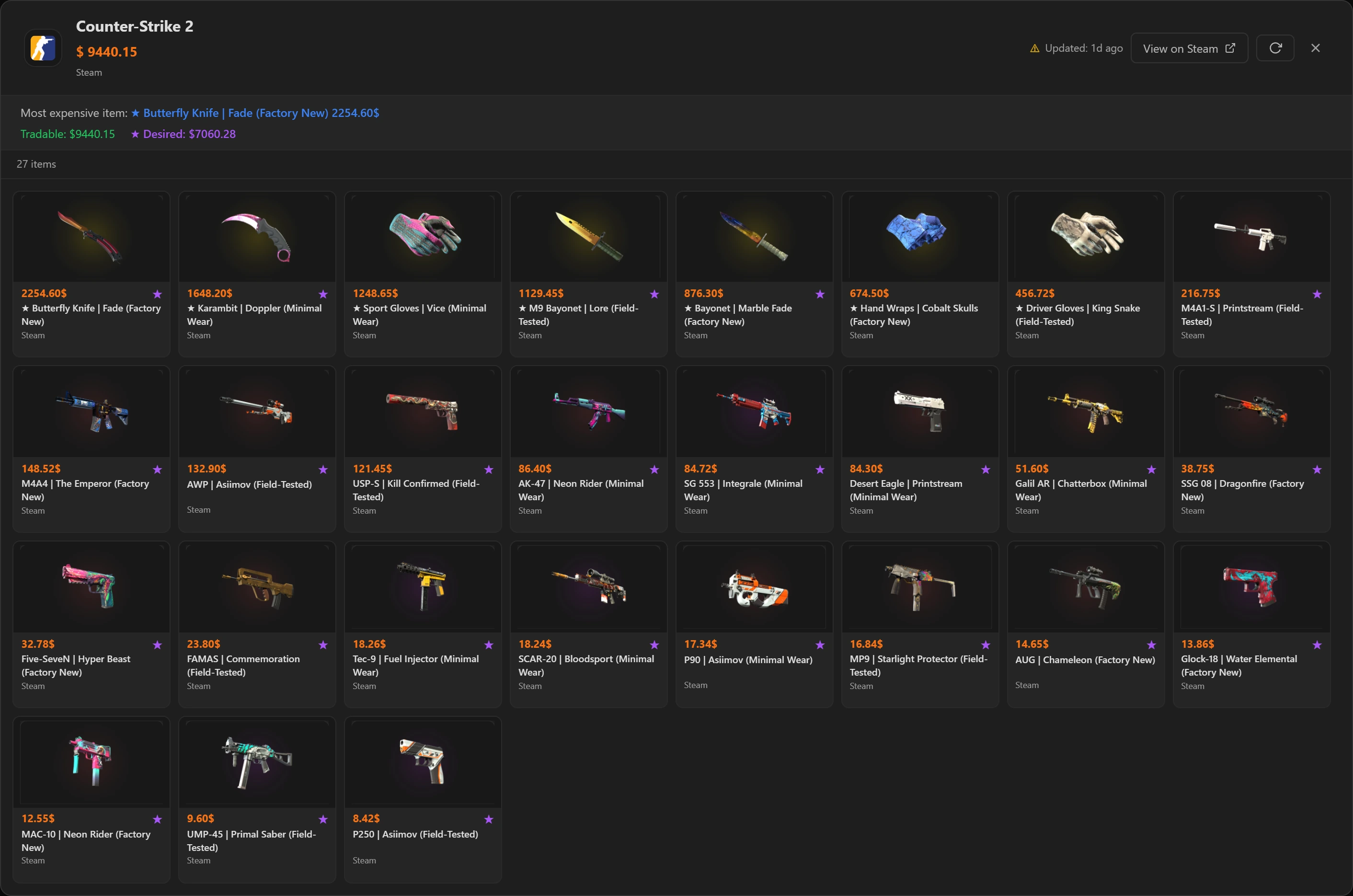 Full inventory: total value, desired value and starred items