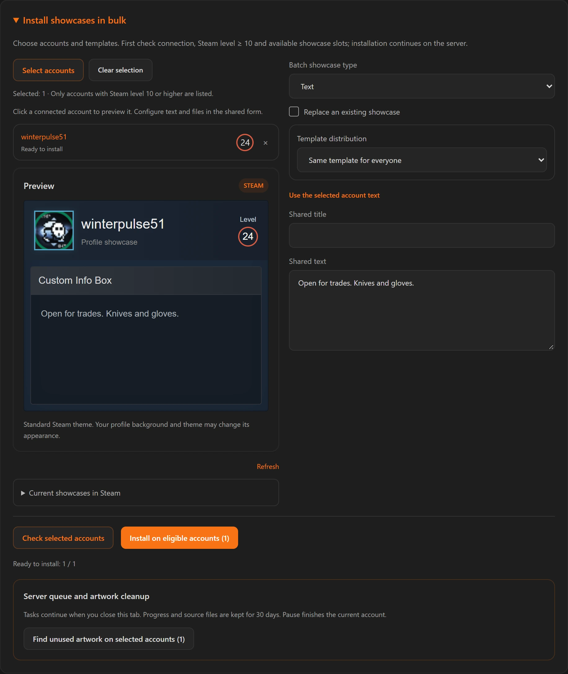 A selected account and installation checks