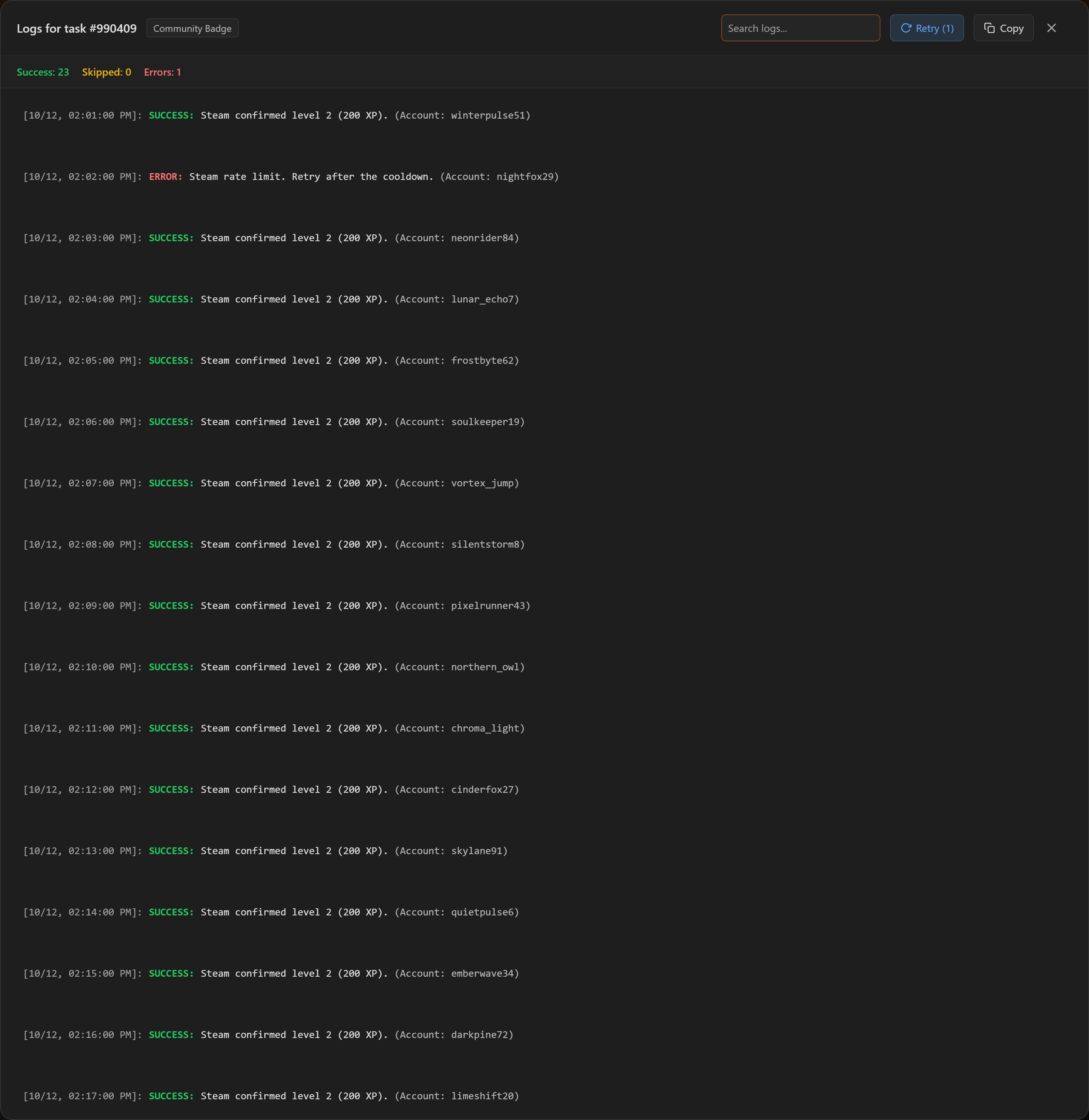 A task journal with per-account results
