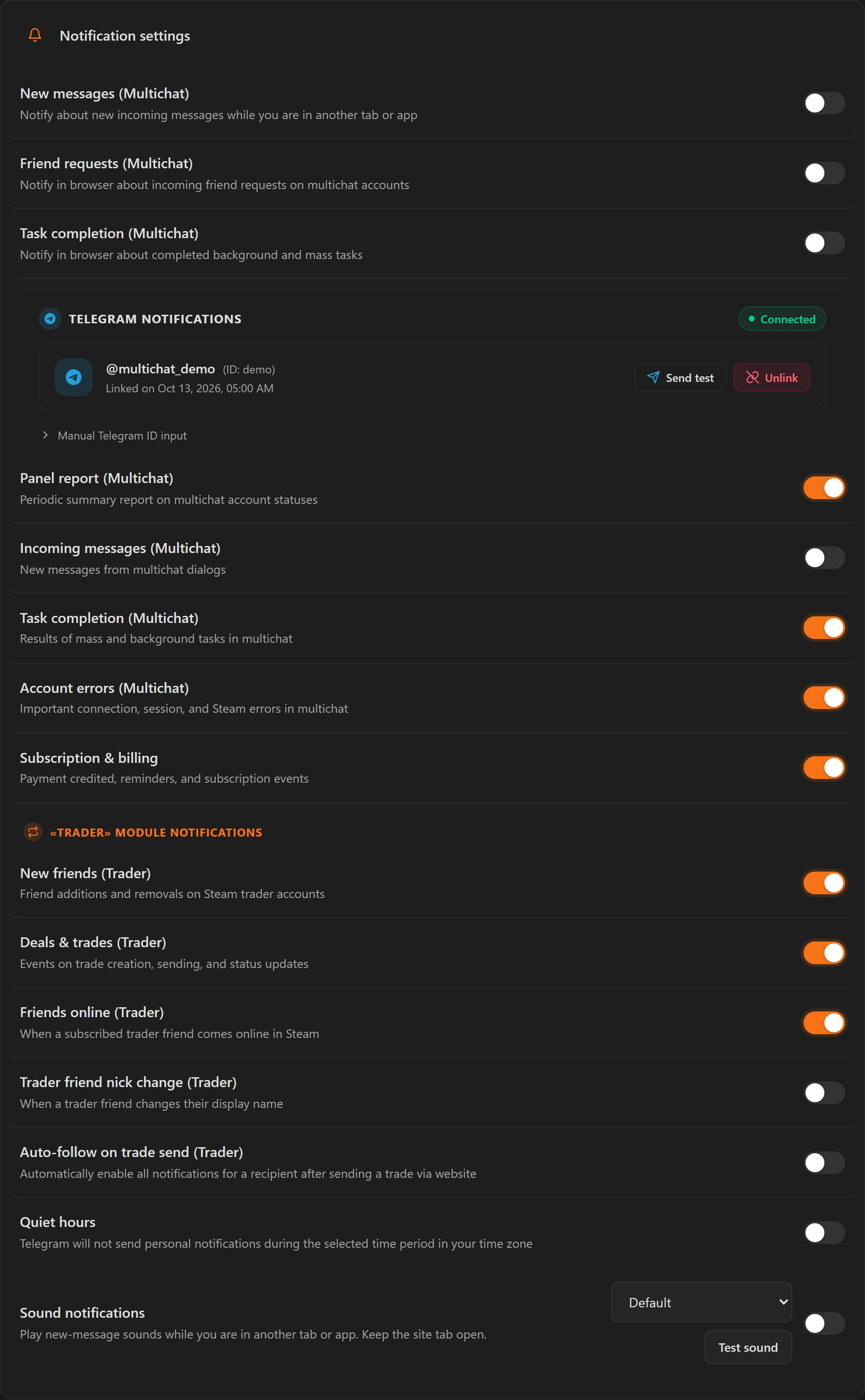 Telegram linking and notification categories