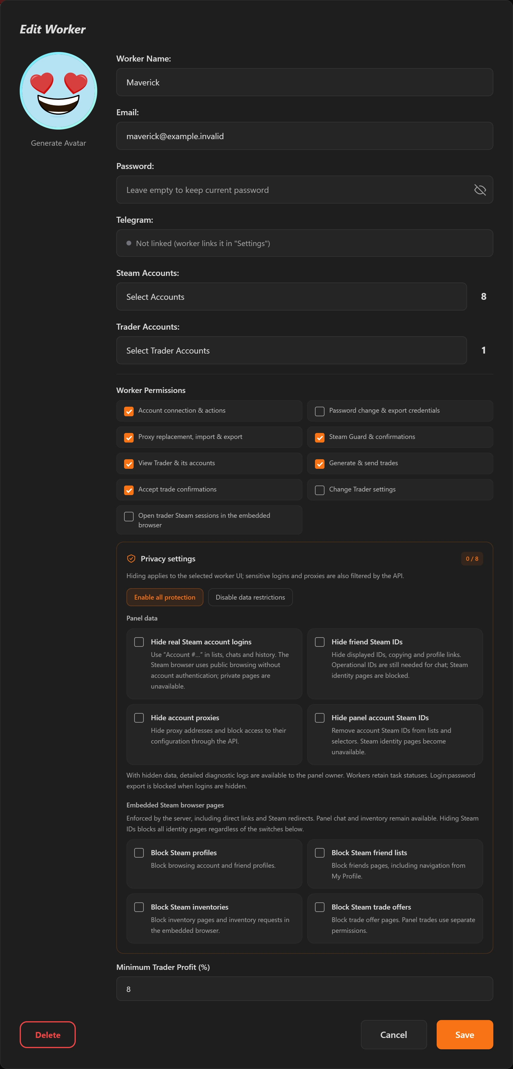 Worker permissions and assigned accounts