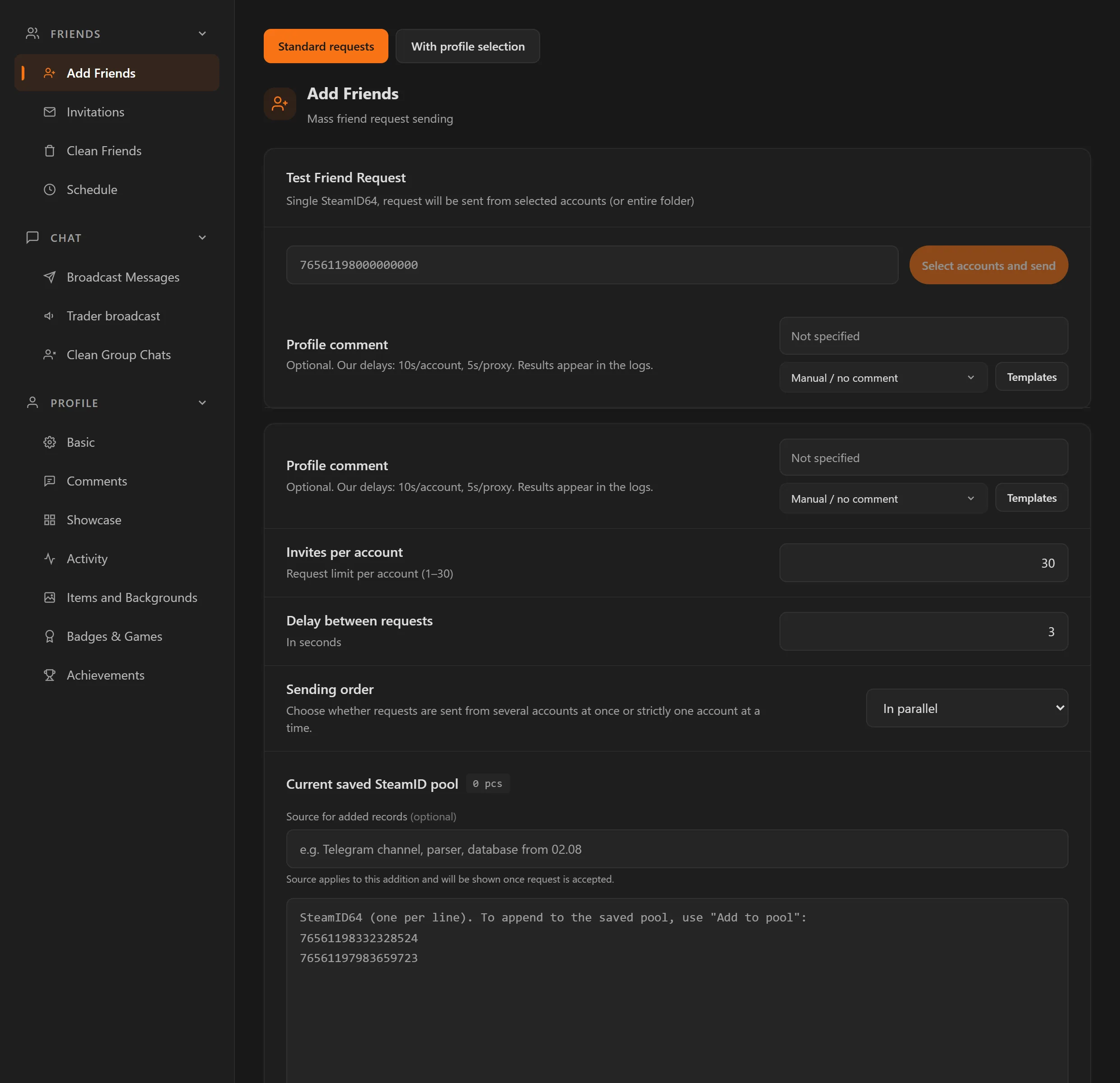 Standard requests: test request, profile comment and sending settings