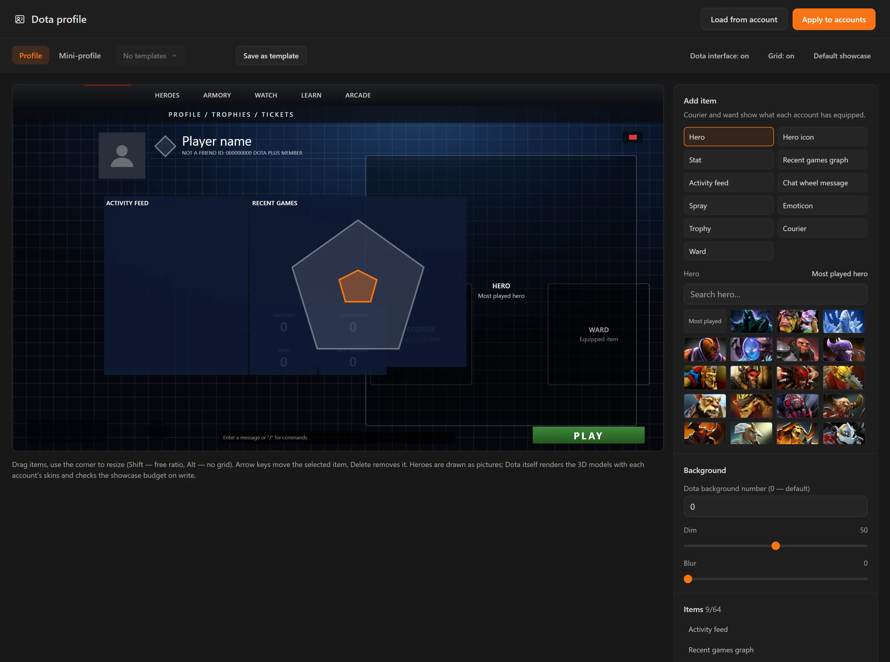 The Dota profile canvas with hero selection in the element panel