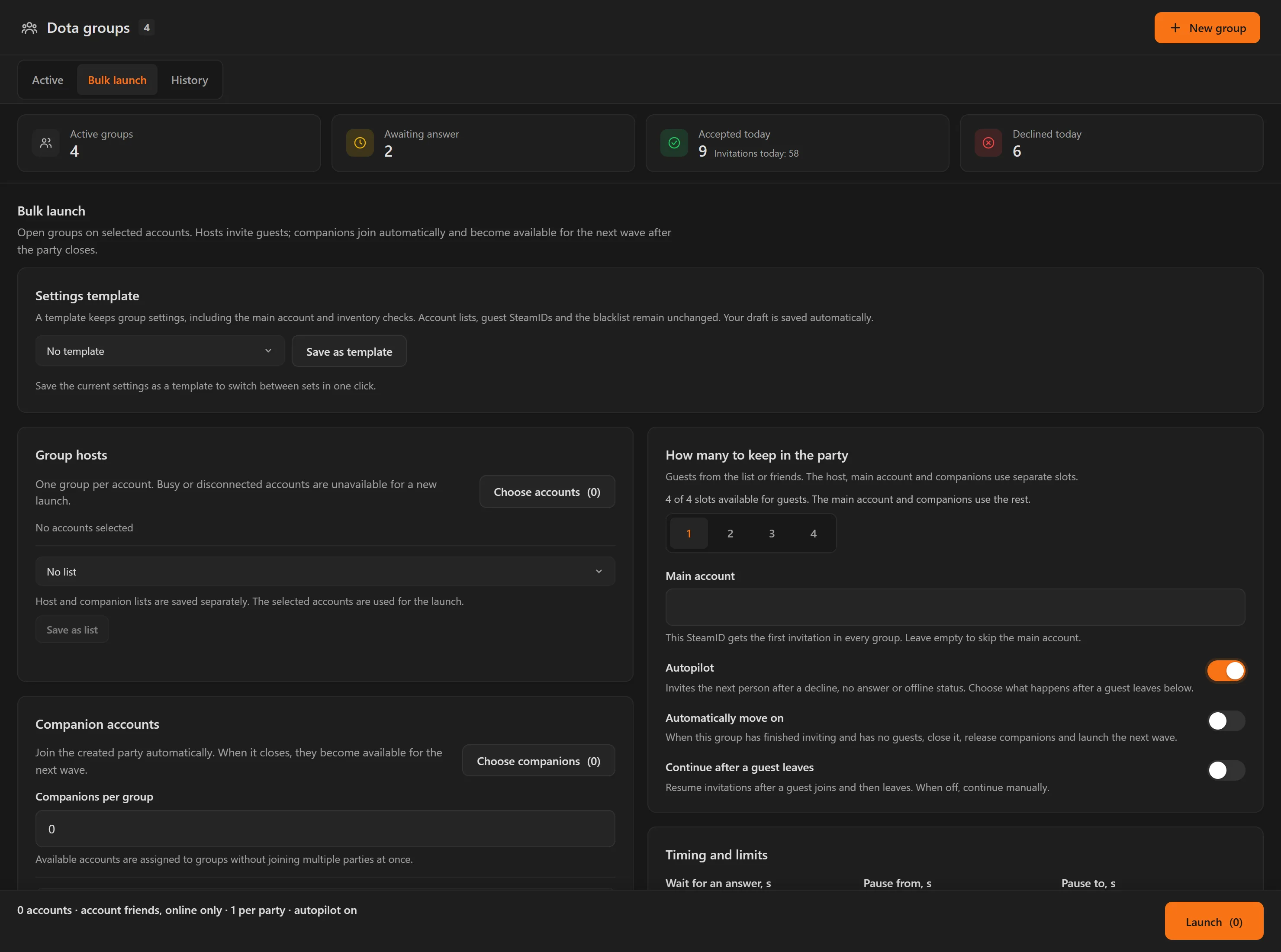 Bulk launch: settings template, group hosts, companions and group size
